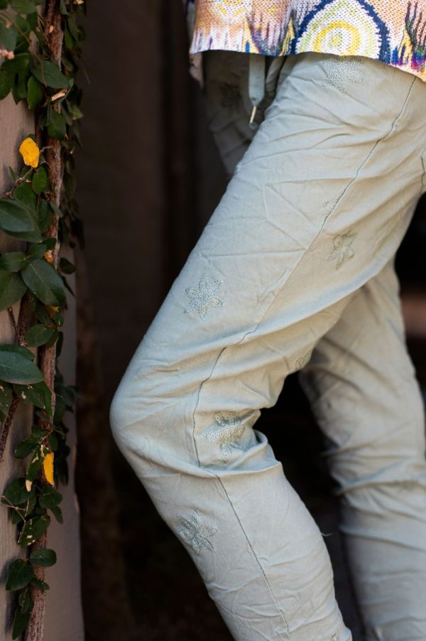 Olive Flower Embroidery Pants