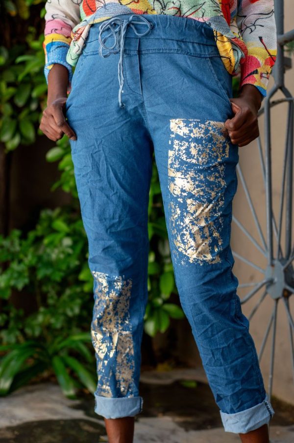 Blue Pants With Gold Foil Print
