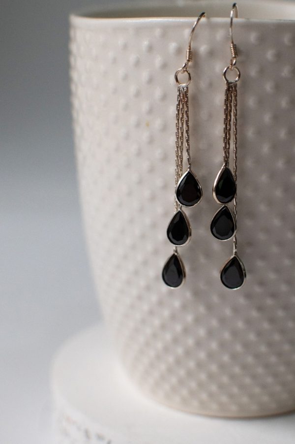 Sterling Silver Dangling Black Earrings